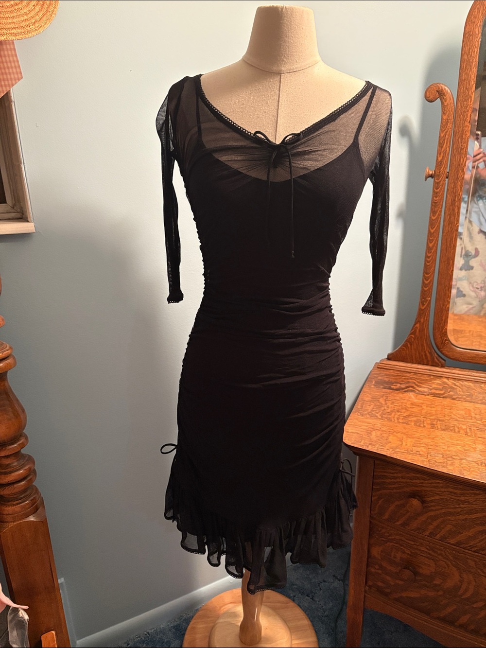 Vintage Betsey Johnson Black Sheer-Detail Long Sleeve Bodycon Dress